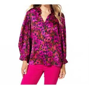 NEW ESQUALO sorena satin floral wilding blouse in magenta, pink and coral